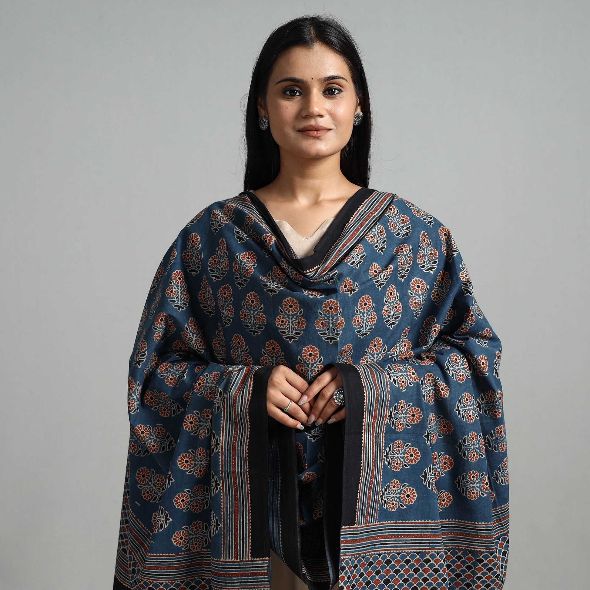 Blue - Hand Block Printed Cotton Ajrakh Dupatta 05