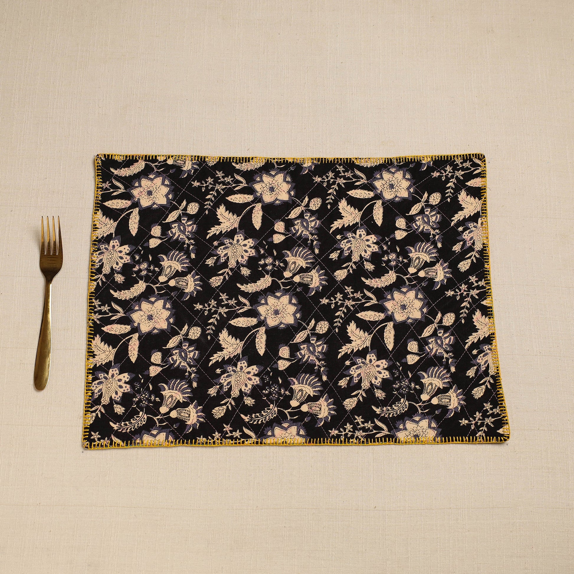 Black - Hand Embroidered Floral Cotton Reversible Table Mat 55