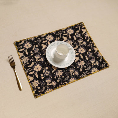 Black - Hand Embroidered Floral Cotton Reversible Table Mat 55