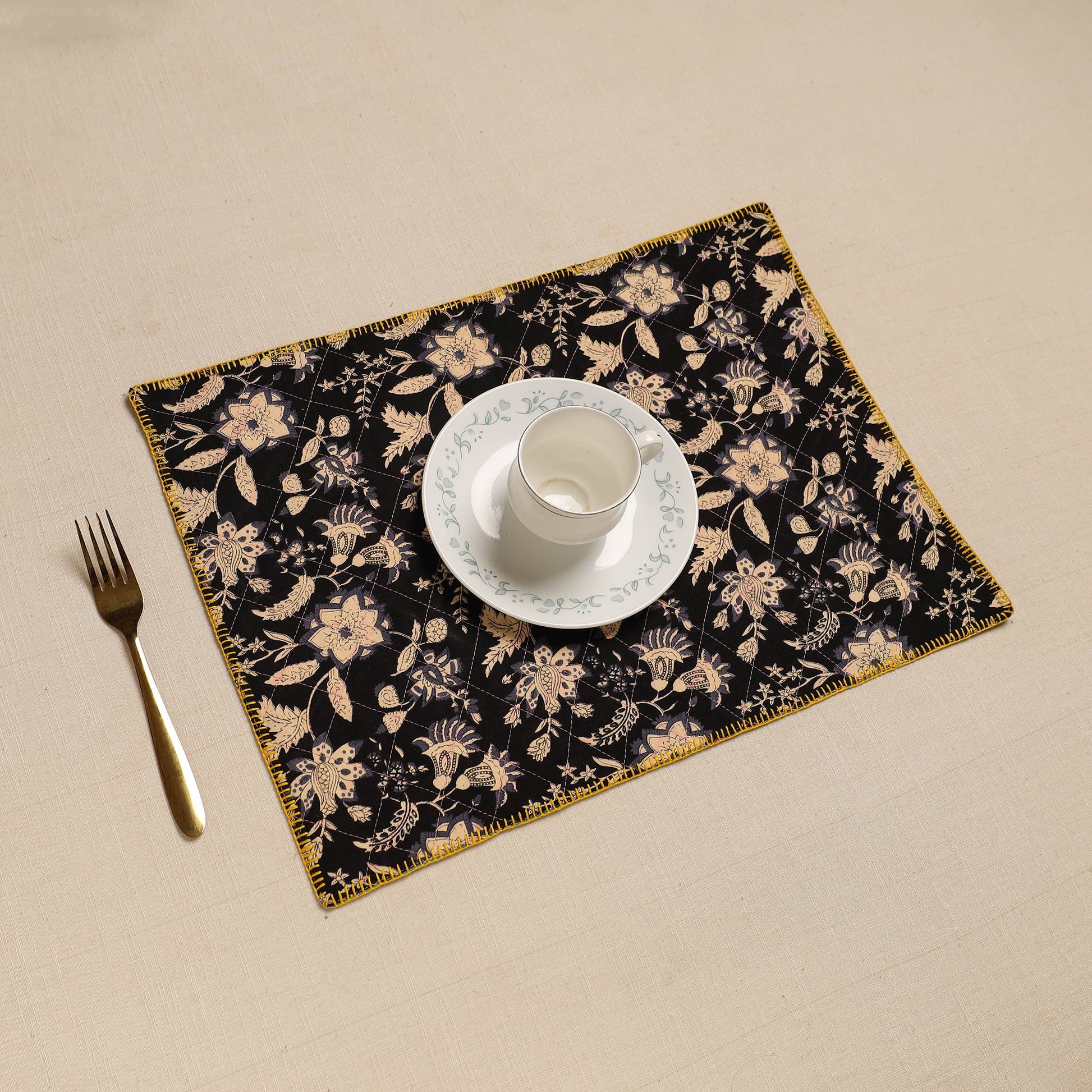 Black - Hand Embroidered Floral Cotton Reversible Table Mat 55