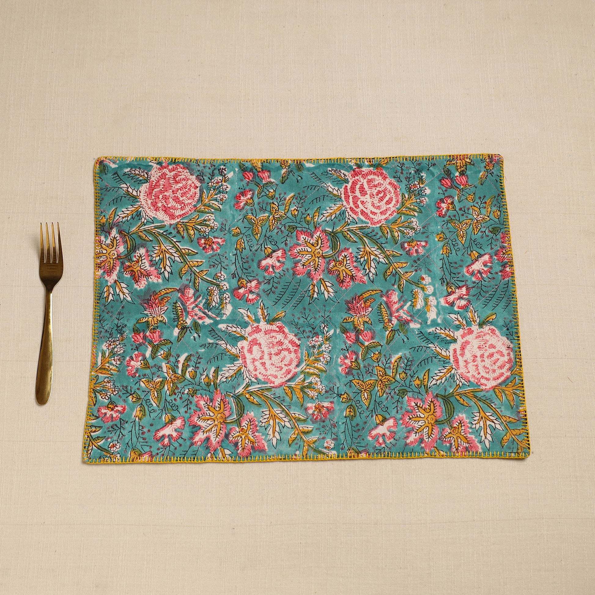 Black - Hand Embroidered Floral Cotton Reversible Table Mat 55