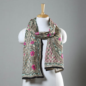 Black - Ranihati Chapa Work Phulkari Embroidery Chanderi Silk Stole
