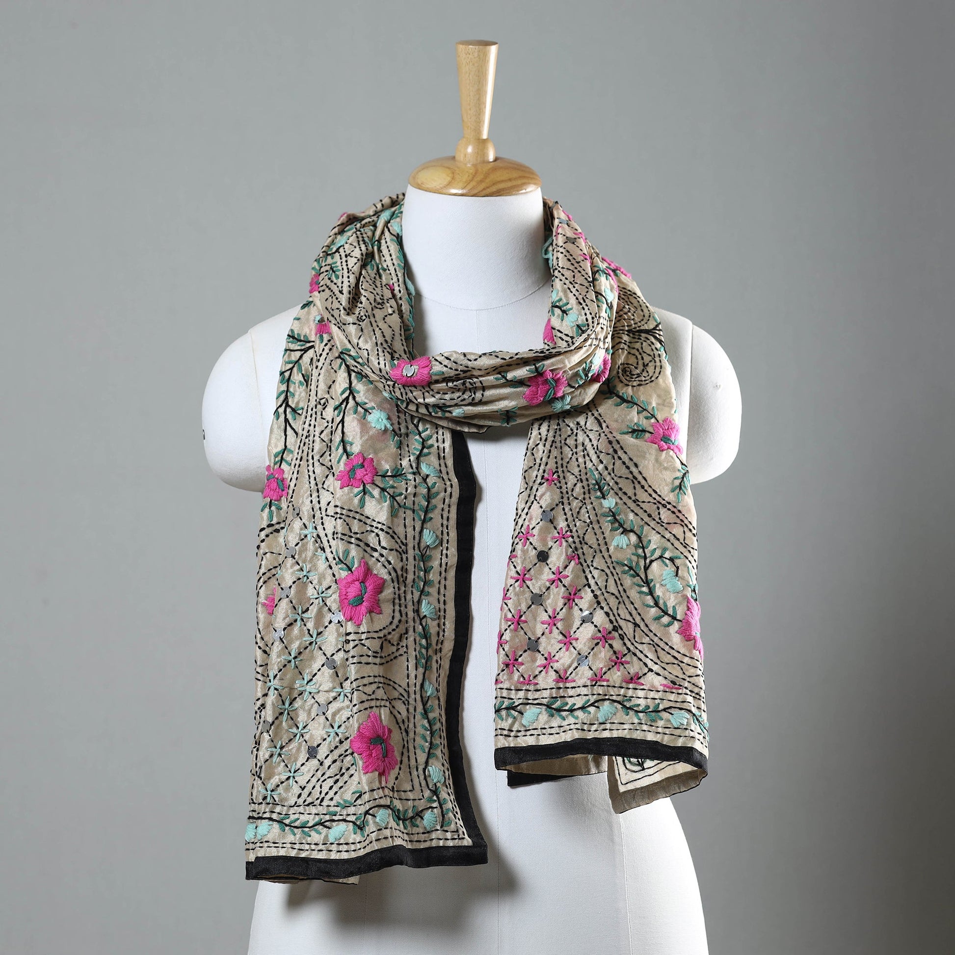 Black - Ranihati Chapa Work Phulkari Embroidery Chanderi Silk Stole