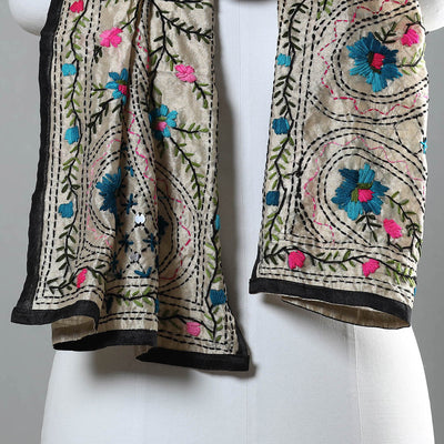 Black - Ranihati Chapa Work Phulkari Embroidery Chanderi Silk Stole