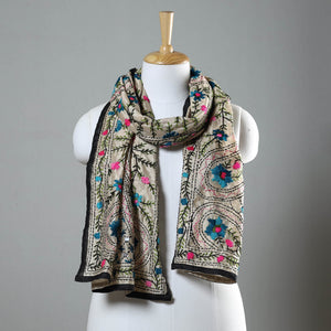 Black - Ranihati Chapa Work Phulkari Embroidery Chanderi Silk Stole