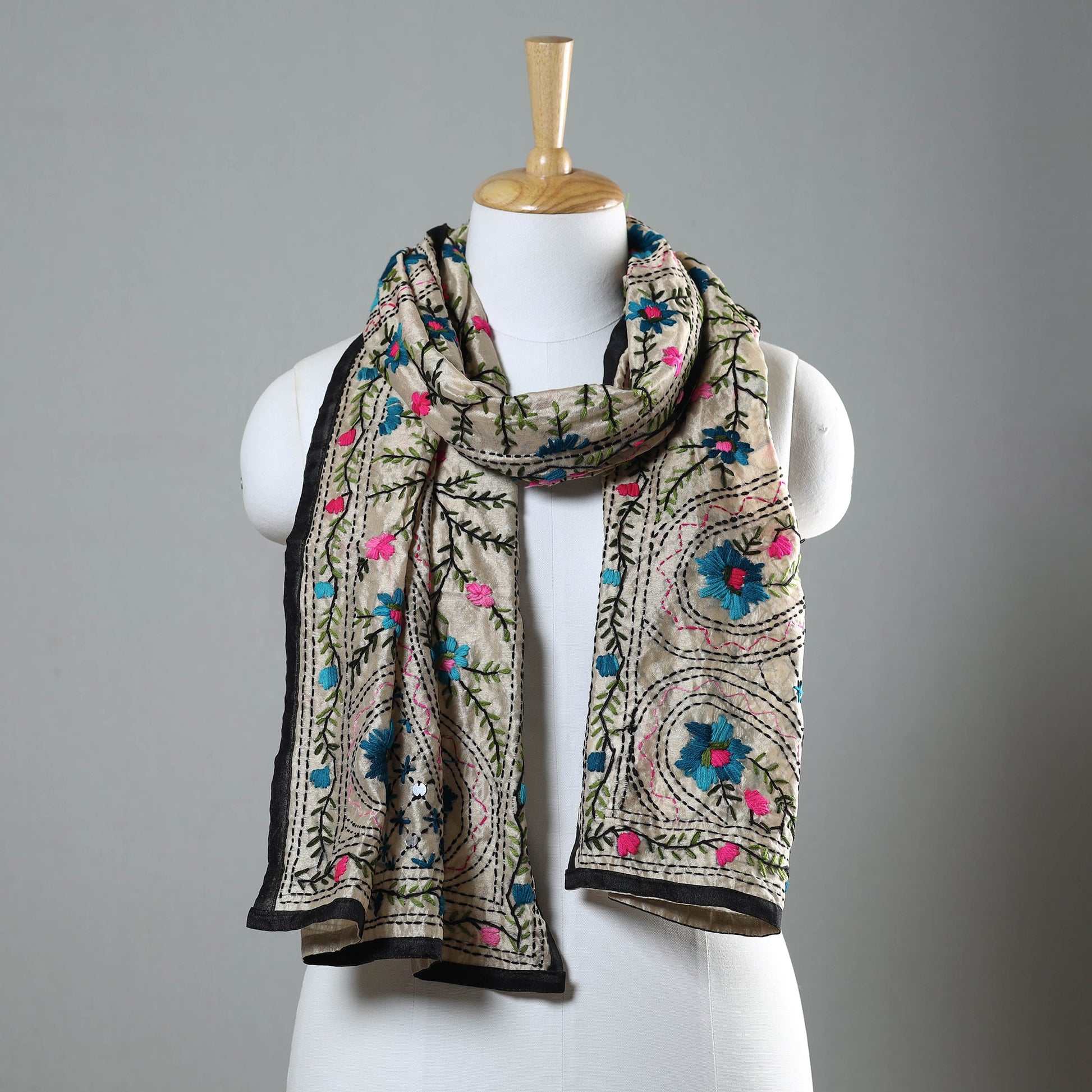 Black - Ranihati Chapa Work Phulkari Embroidery Chanderi Silk Stole