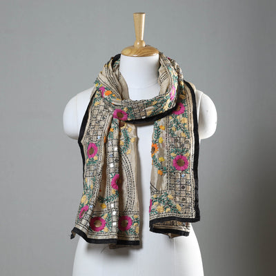 Black - Ranihati Chapa Work Phulkari Embroidery Chanderi Silk Stole