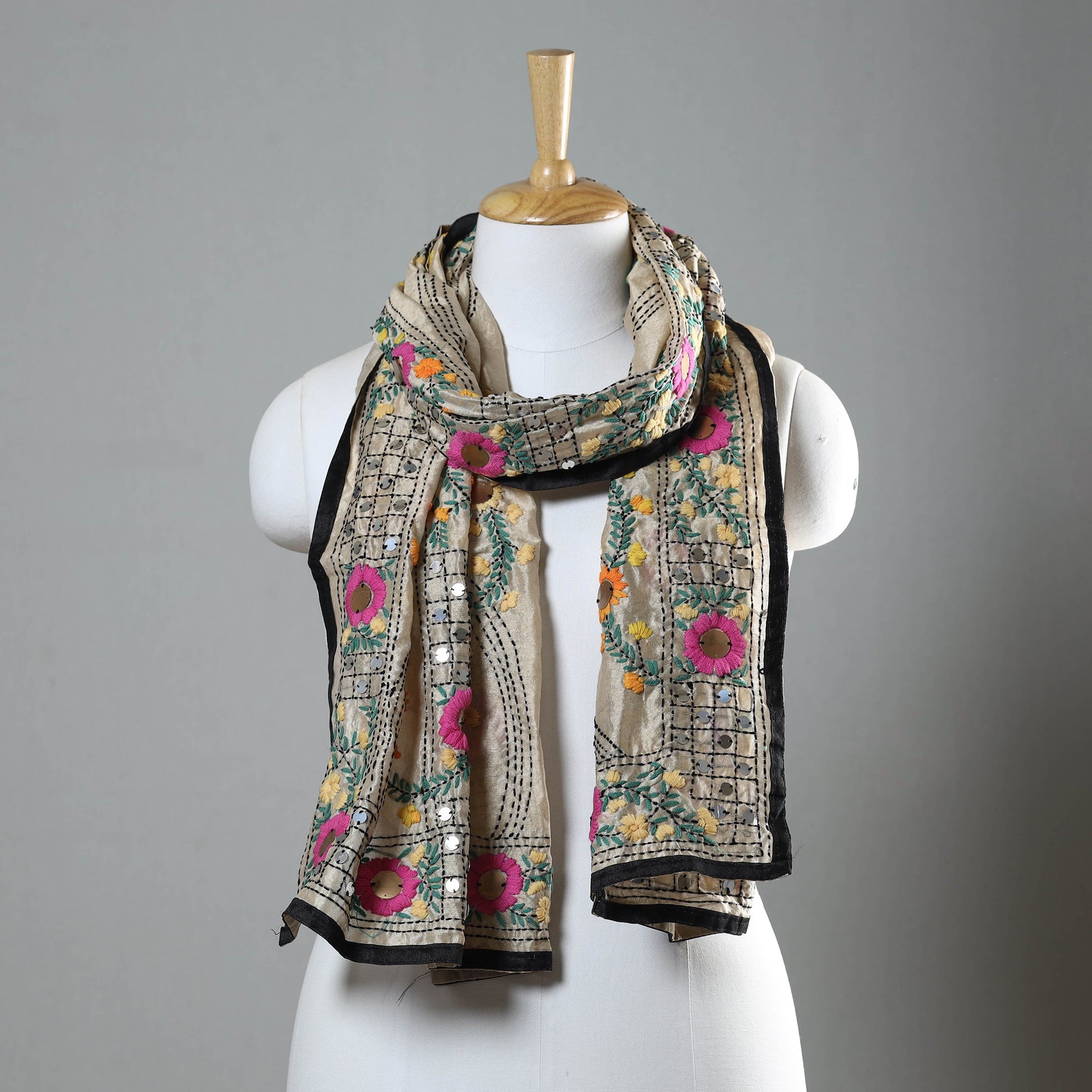 Black - Ranihati Chapa Work Phulkari Embroidery Chanderi Silk Stole