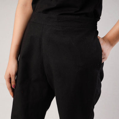 Black - Cotton Tapered Casual Pant for Women