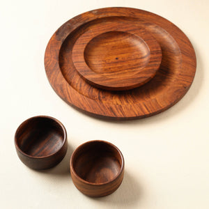 Brown - Handcrafted Sheesham Wooden Dinner Set (2 Plates & 2 Bowls)