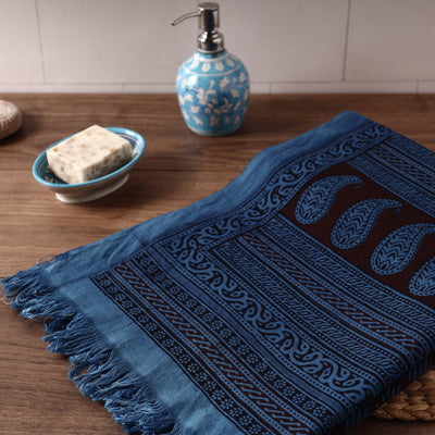 Blue - Bagh Hand Block Printed Handloom Cotton Towel