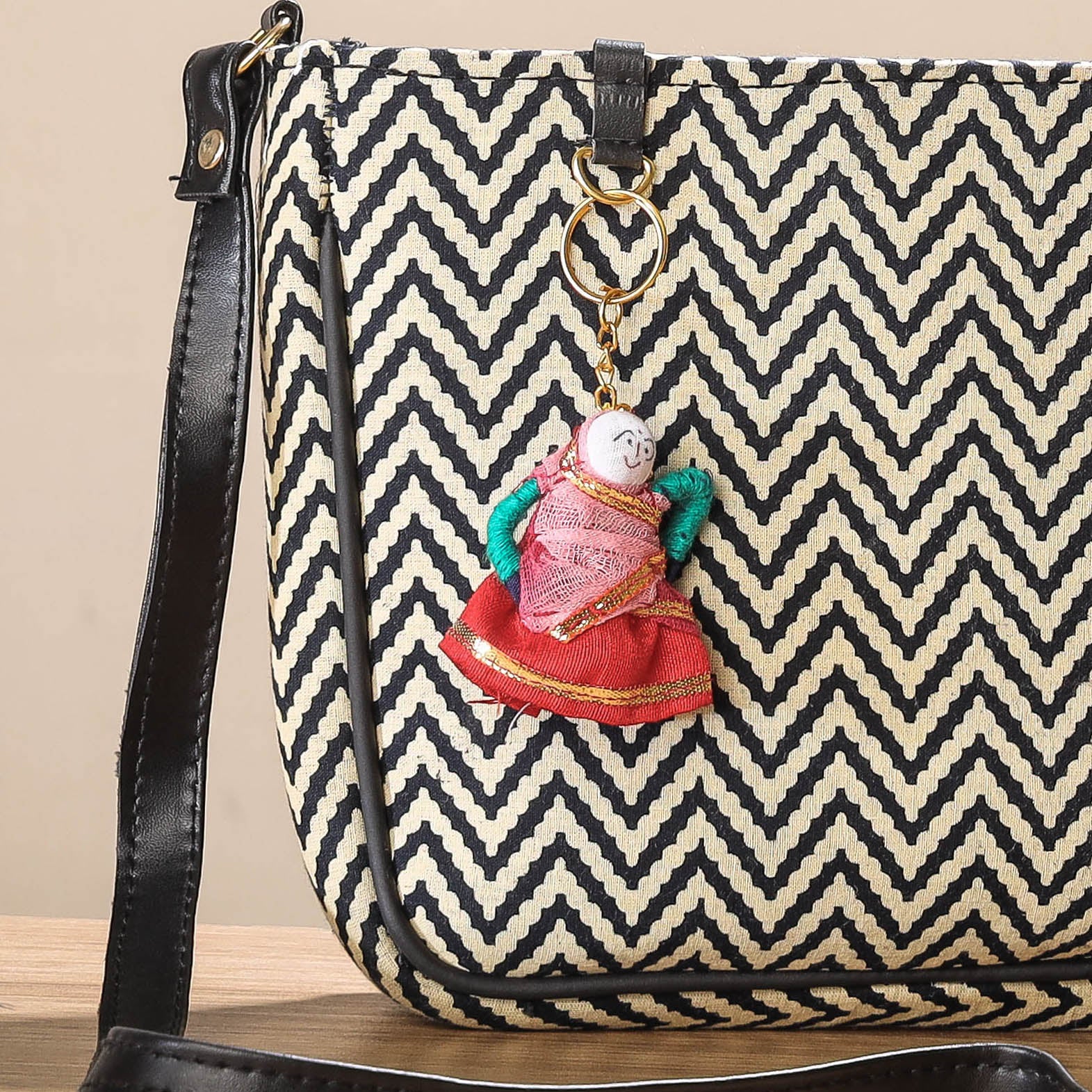 Beige - Handcrafted Cotton Sling Bag with Bag Charm
