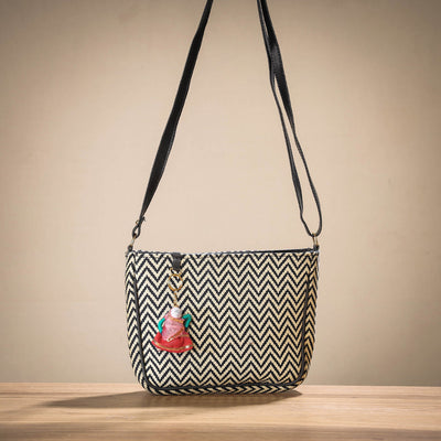 Beige - Handcrafted Cotton Sling Bag with Bag Charm