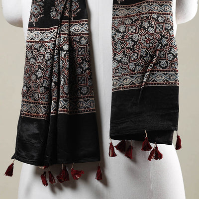 Black - Ajrakh Hand Block Printed Mashru Silk Stole with Tassels