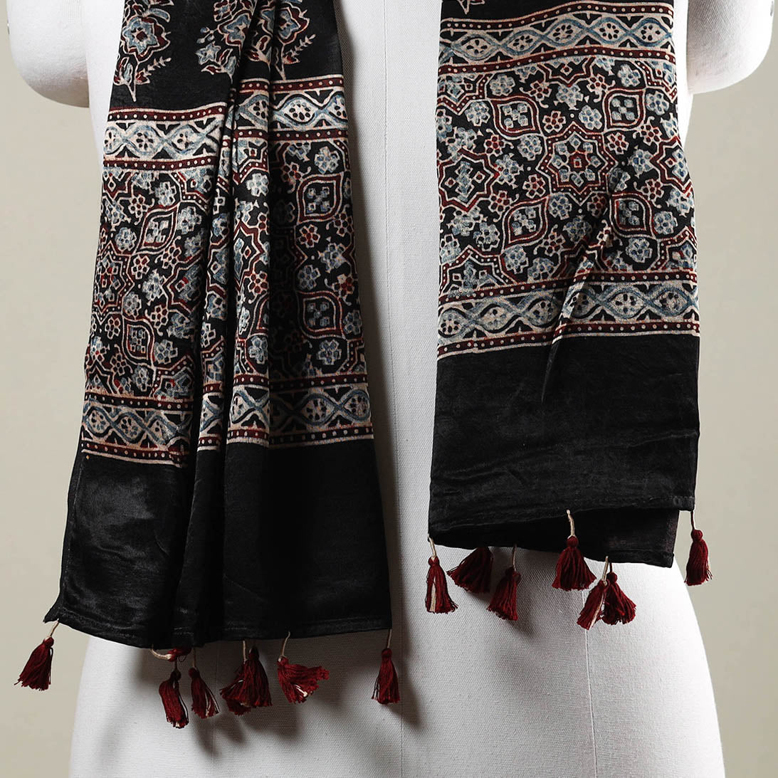 Black - Ajrakh Hand Block Printed Mashru Silk Stole with Tassels