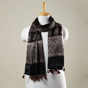 Black - Ajrakh Hand Block Printed Mashru Silk Stole with Tassels