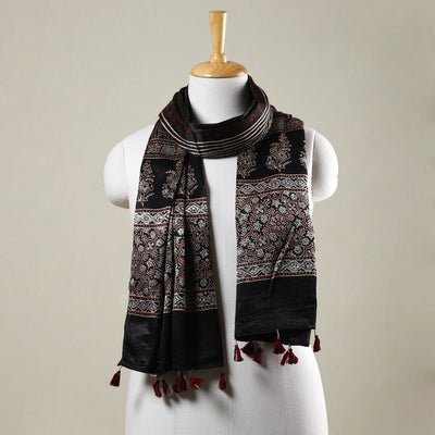Black - Ajrakh Hand Block Printed Mashru Silk Stole with Tassels