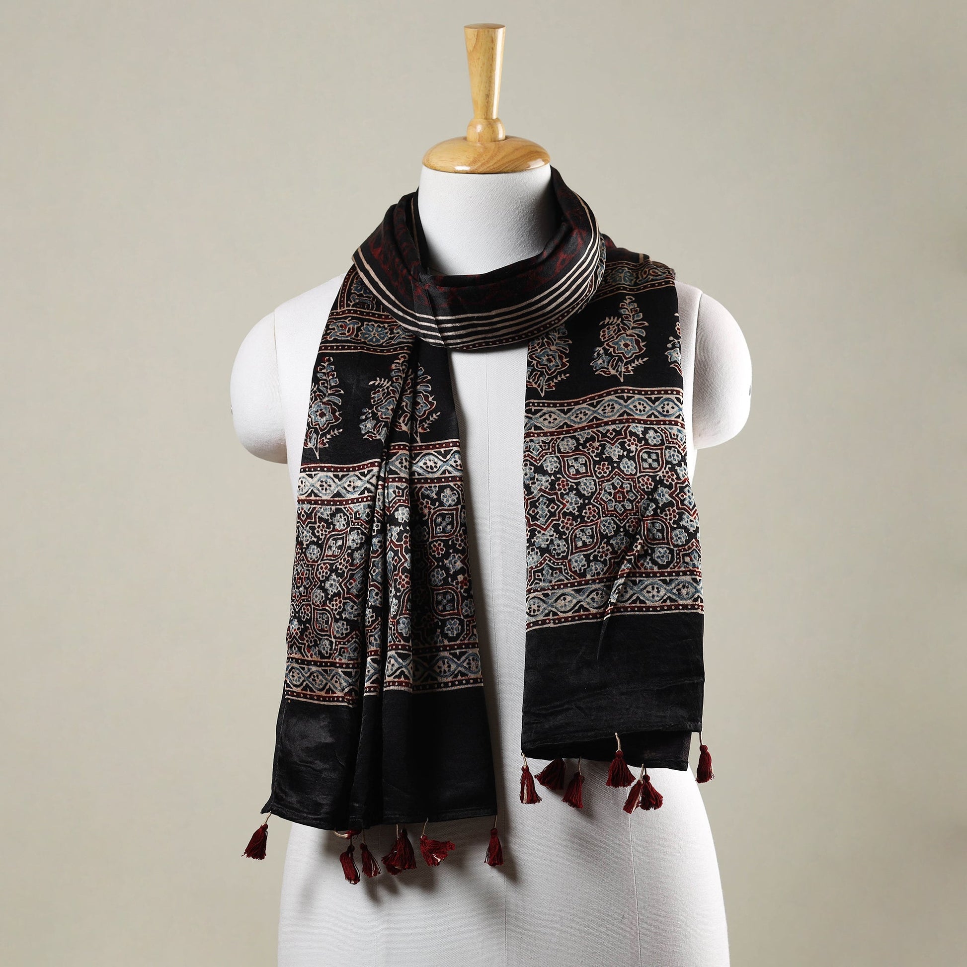 Black - Ajrakh Hand Block Printed Mashru Silk Stole with Tassels