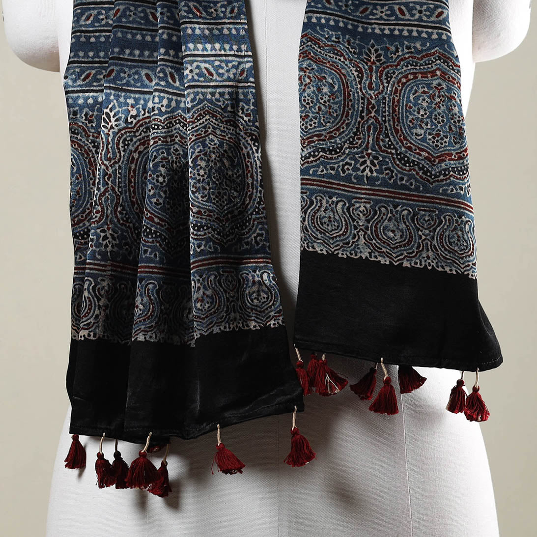 Blue - Ajrakh Hand Block Printed Mashru Silk Stole with Tassels