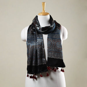 Blue - Ajrakh Hand Block Printed Mashru Silk Stole with Tassels