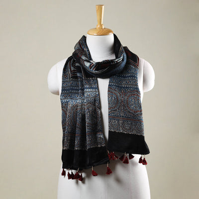 Blue - Ajrakh Hand Block Printed Mashru Silk Stole with Tassels