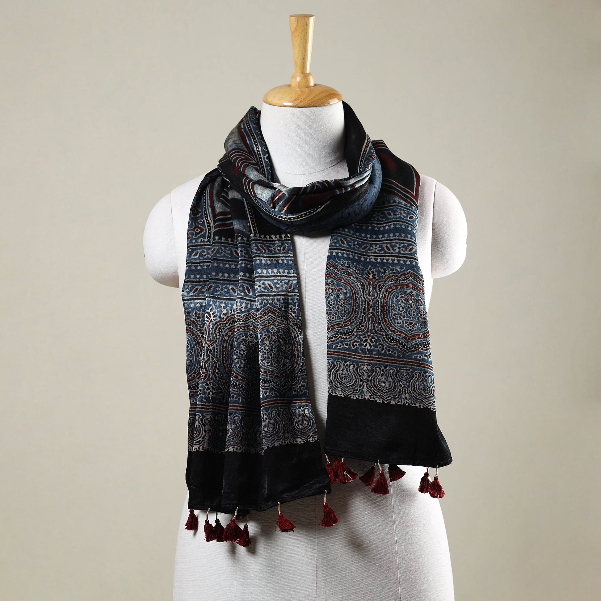 Blue - Ajrakh Hand Block Printed Mashru Silk Stole with Tassels