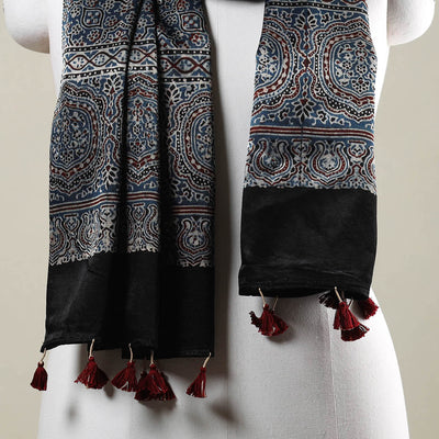 Blue - Ajrakh Hand Block Printed Mashru Silk Stole with Tassels