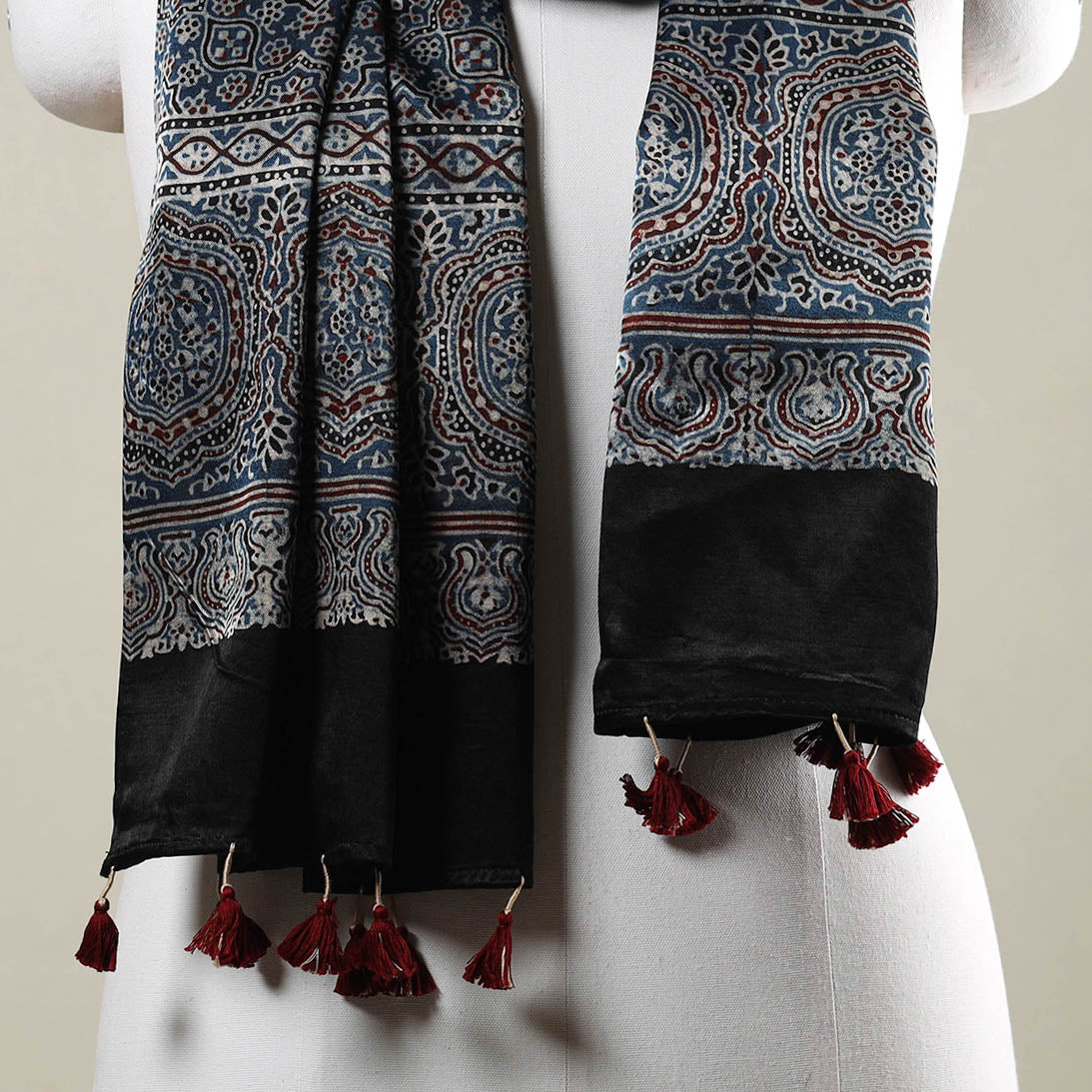Blue - Ajrakh Hand Block Printed Mashru Silk Stole with Tassels
