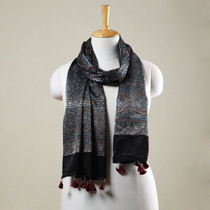 Blue - Ajrakh Hand Block Printed Mashru Silk Stole with Tassels