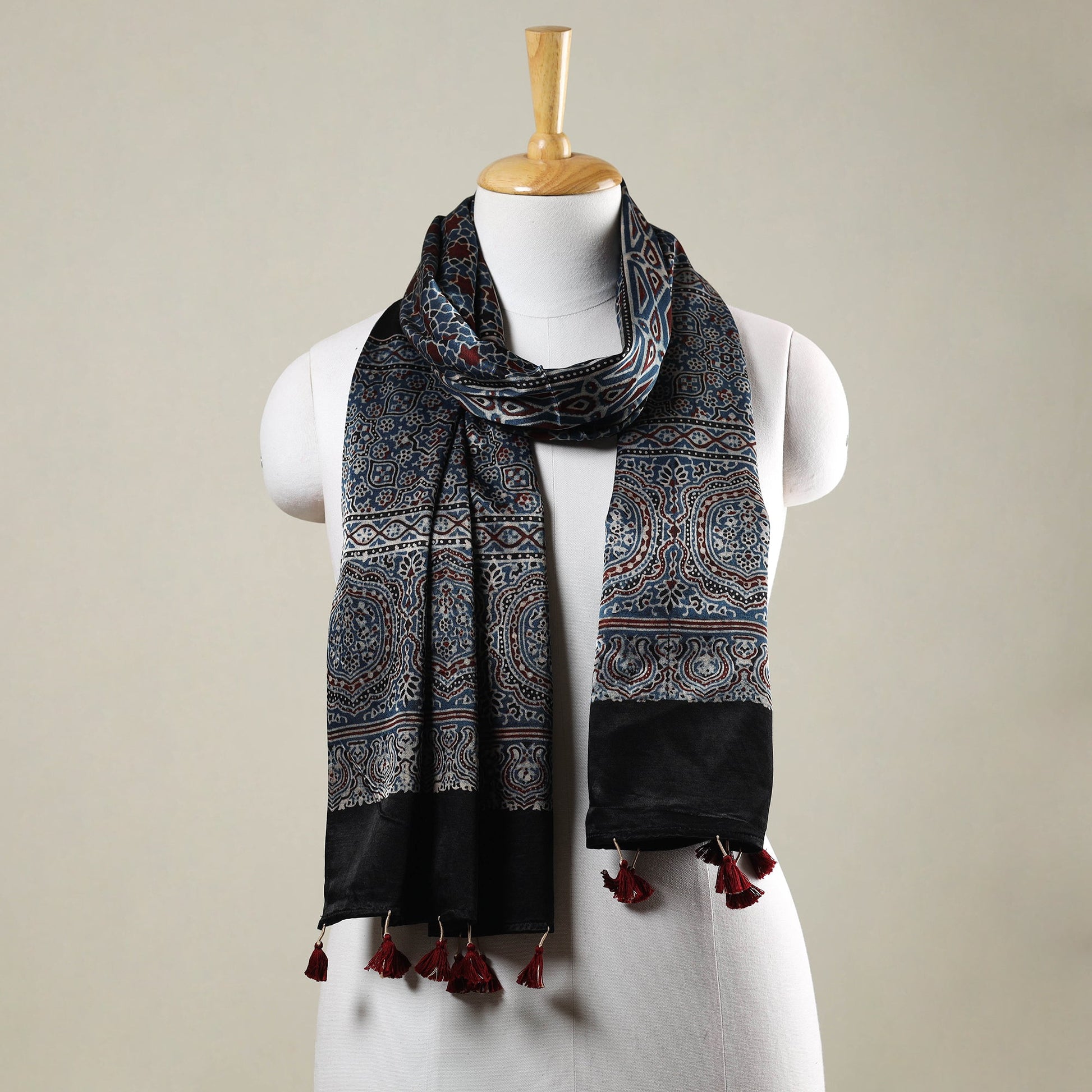 Blue - Ajrakh Hand Block Printed Mashru Silk Stole with Tassels