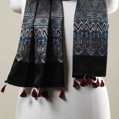 Blue - Ajrakh Hand Block Printed Mashru Silk Stole with Tassels