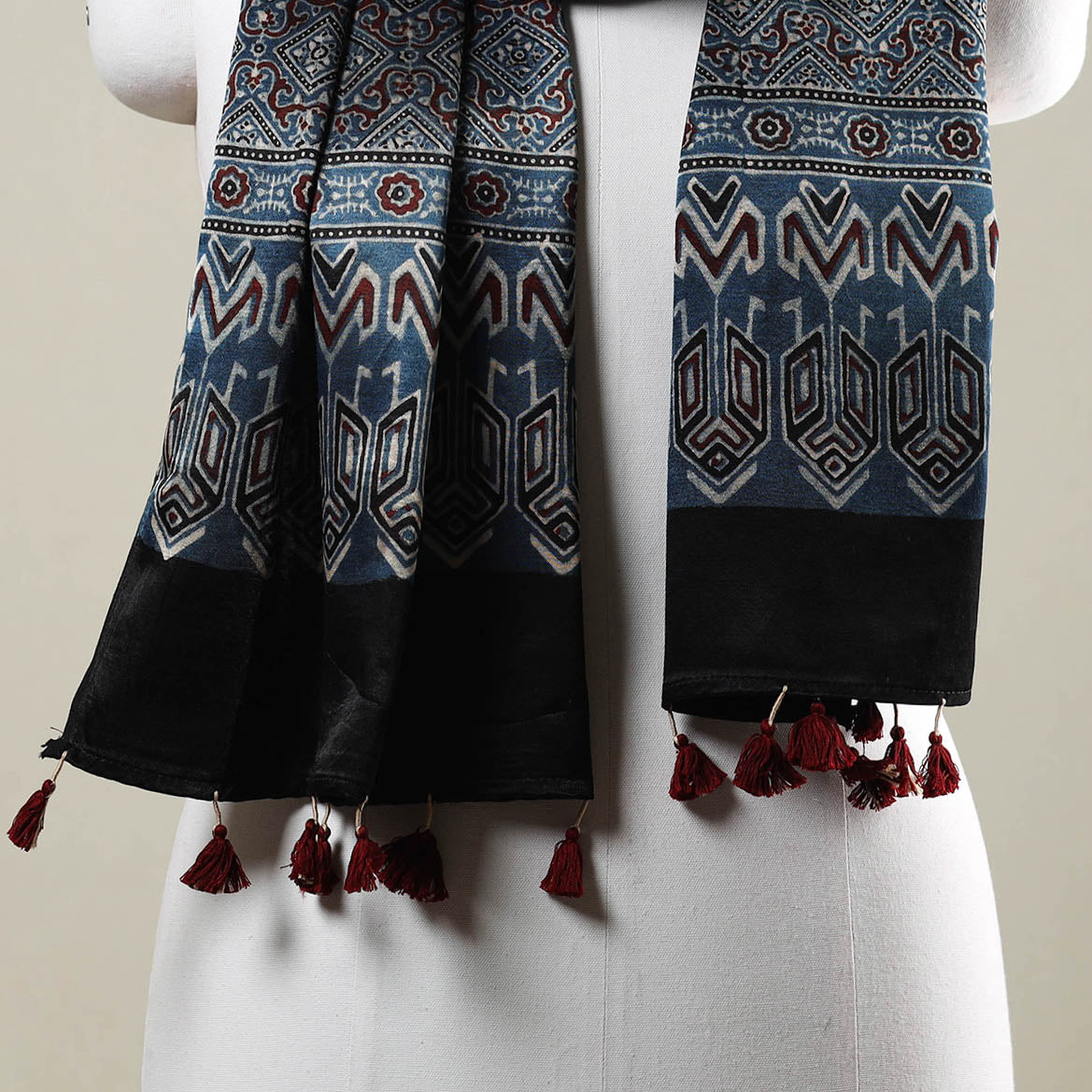 Blue - Ajrakh Hand Block Printed Mashru Silk Stole with Tassels