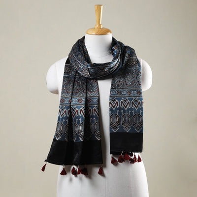 Blue - Ajrakh Hand Block Printed Mashru Silk Stole with Tassels
