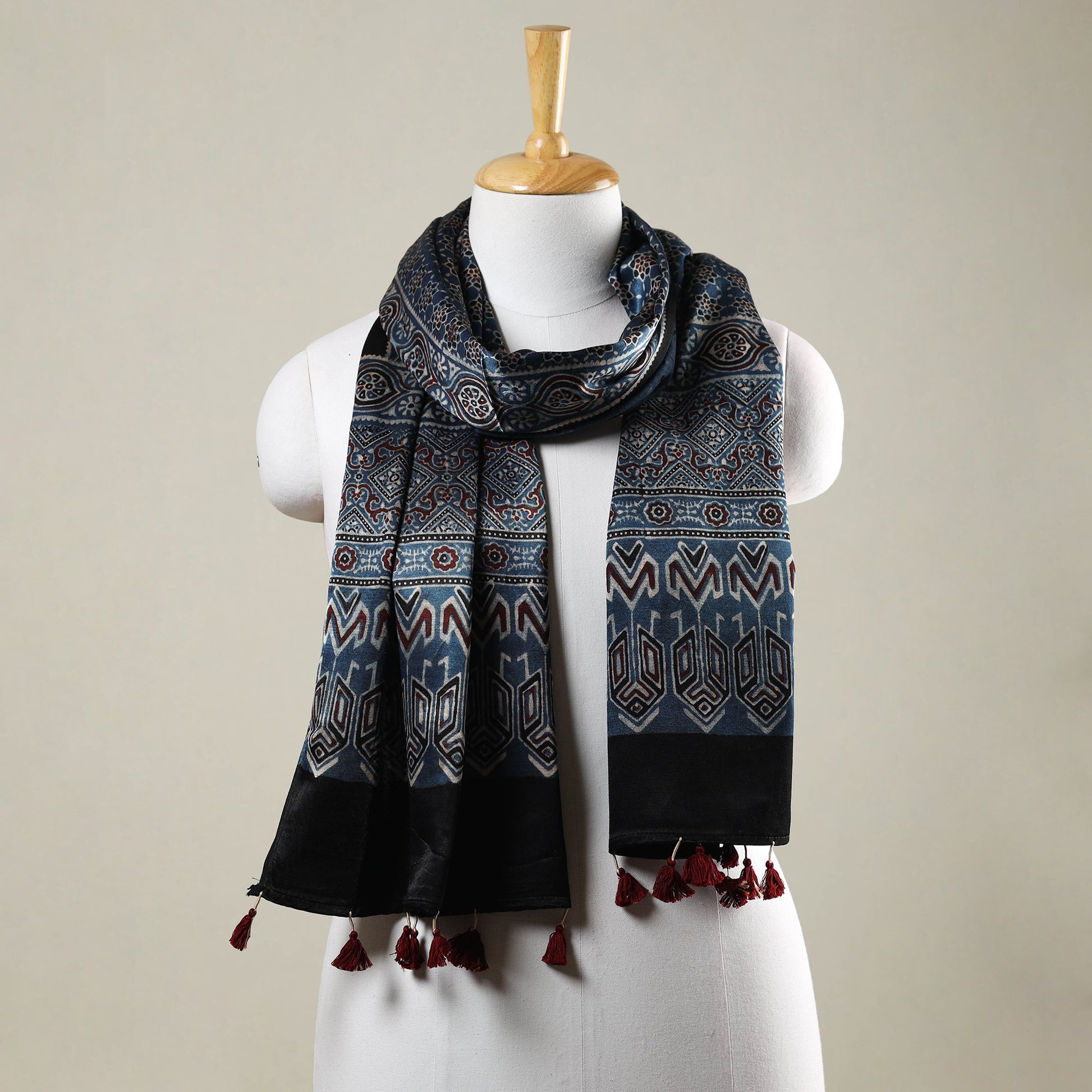 Blue - Ajrakh Hand Block Printed Mashru Silk Stole with Tassels