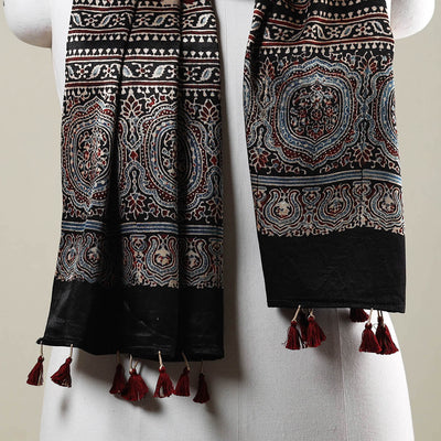 Black - Ajrakh Hand Block Printed Mashru Silk Stole with Tassels