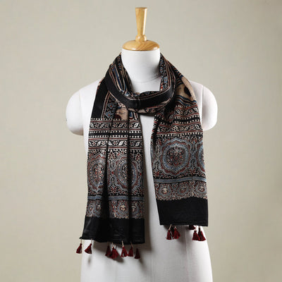 Black - Ajrakh Hand Block Printed Mashru Silk Stole with Tassels