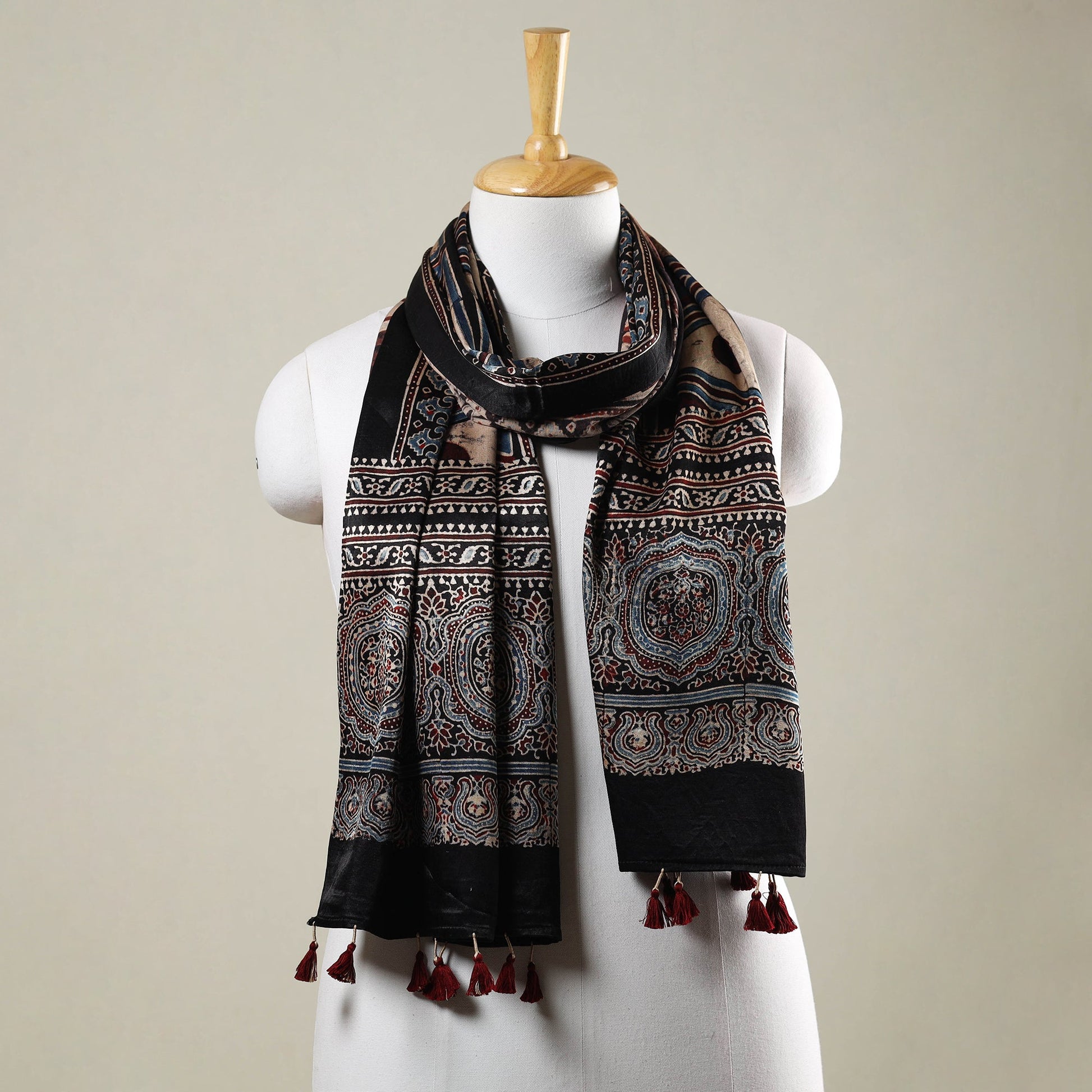 Black - Ajrakh Hand Block Printed Mashru Silk Stole with Tassels