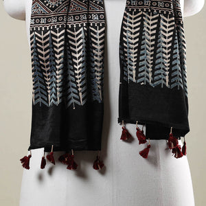 Black - Ajrakh Hand Block Printed Mashru Silk Stole with Tassels