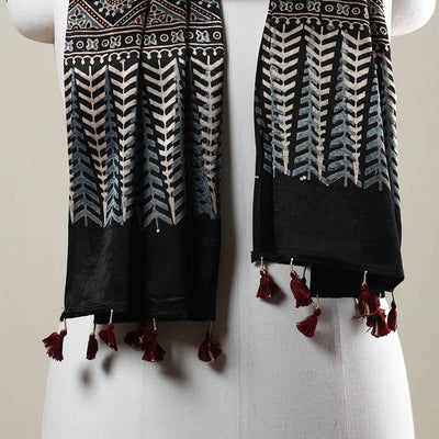 Black - Ajrakh Hand Block Printed Mashru Silk Stole with Tassels