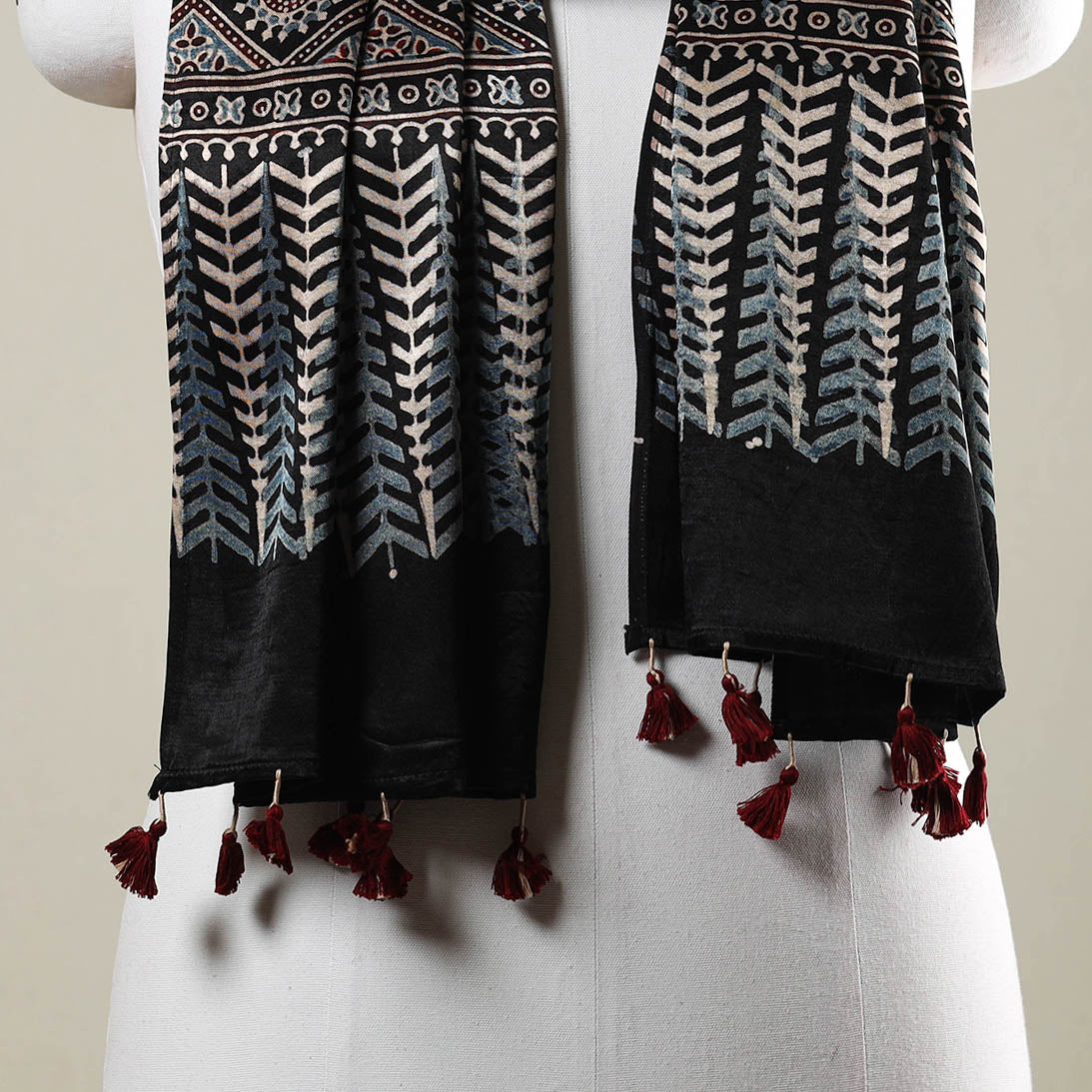 Black - Ajrakh Hand Block Printed Mashru Silk Stole with Tassels