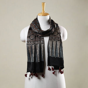 Black - Ajrakh Hand Block Printed Mashru Silk Stole with Tassels