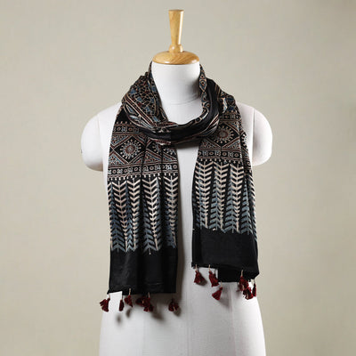 Black - Ajrakh Hand Block Printed Mashru Silk Stole with Tassels