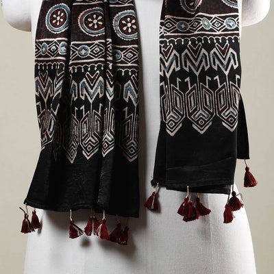 Black - Ajrakh Hand Block Printed Mashru Silk Stole with Tassels