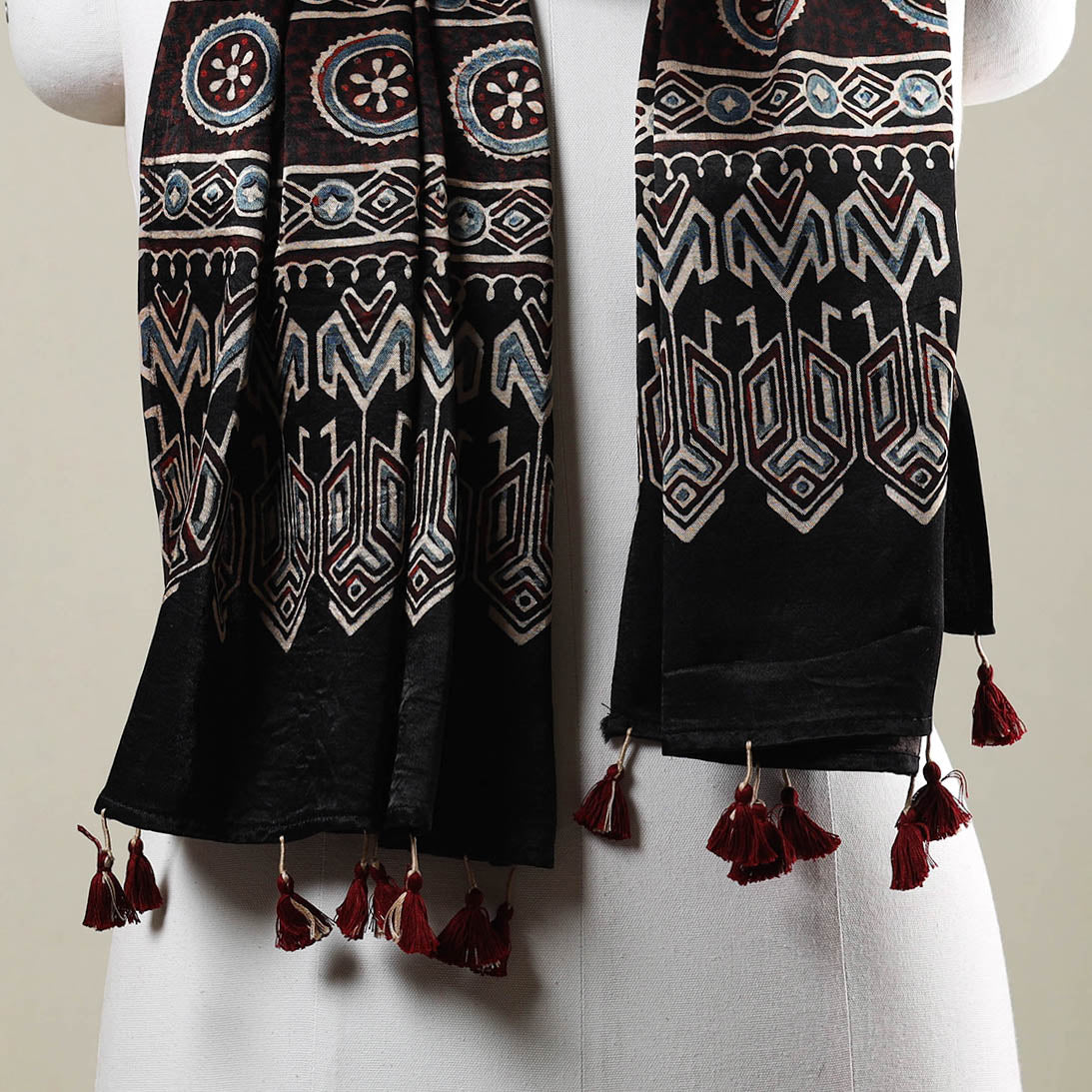 Black - Ajrakh Hand Block Printed Mashru Silk Stole with Tassels