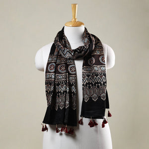 Black - Ajrakh Hand Block Printed Mashru Silk Stole with Tassels