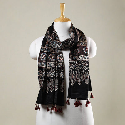 Black - Ajrakh Hand Block Printed Mashru Silk Stole with Tassels