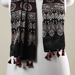 Black - Ajrakh Hand Block Printed Mashru Silk Stole with Tassels