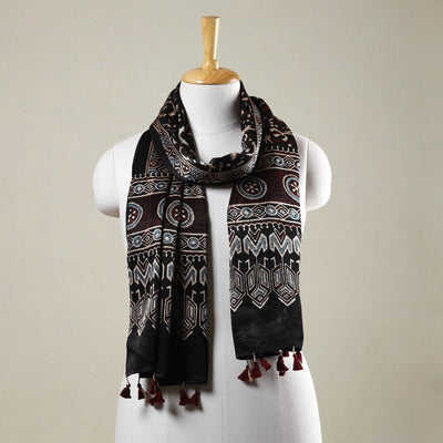 Black - Ajrakh Hand Block Printed Mashru Silk Stole with Tassels
