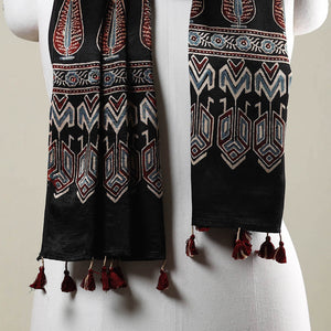 Black - Ajrakh Hand Block Printed Mashru Silk Stole with Tassels