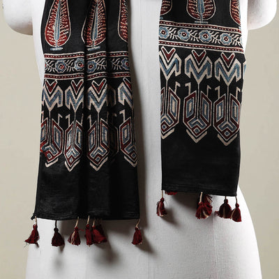 Black - Ajrakh Hand Block Printed Mashru Silk Stole with Tassels